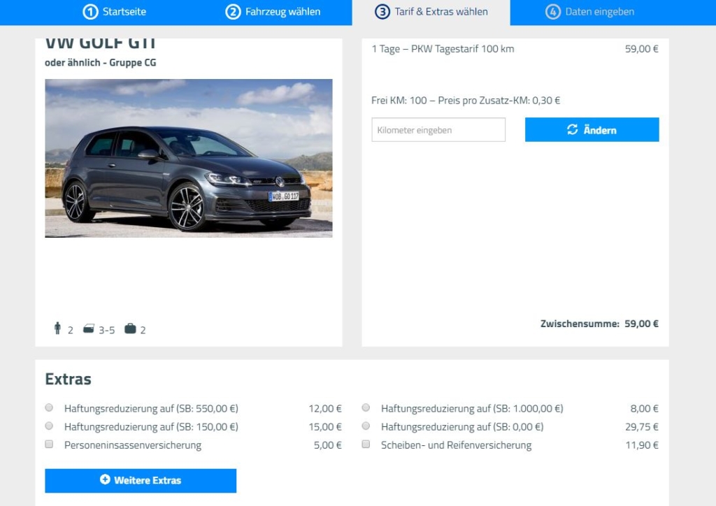 Optionen für den Mietwagen